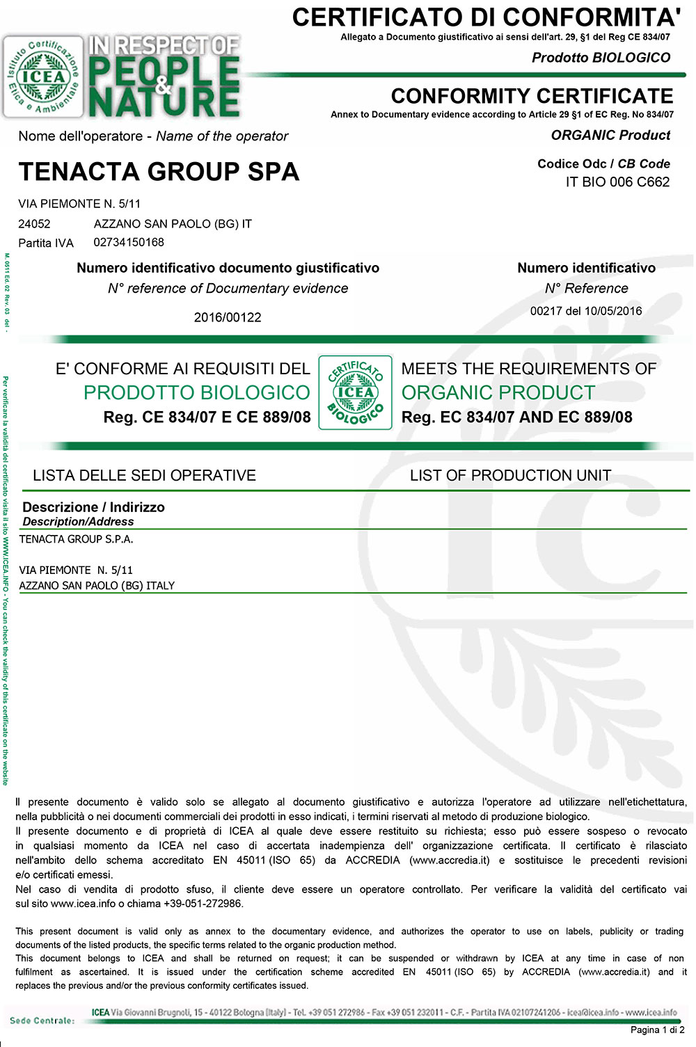 Certificato di Conformita ICEA 1